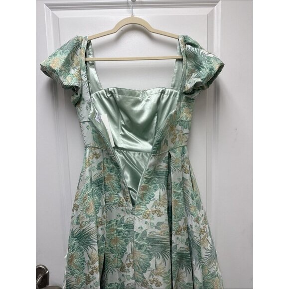 MAC DUGGAL Size 4 Green Floral Brocade 68276 Puff Sleeve High Low Gown Dress New - Picture 9 of 12